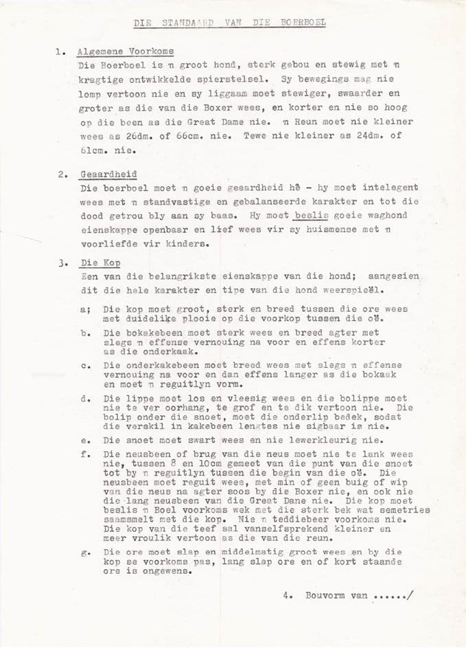 Page 1 of the original Afrikaans Boerboel breed standard typescript, 'Die Standaard van die Boerboel'