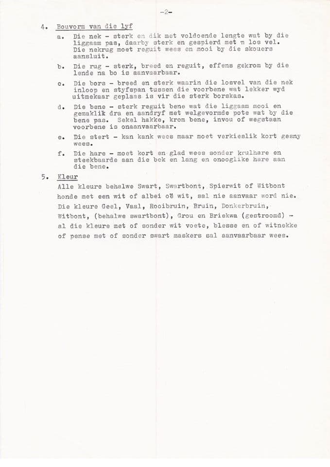 Page 2 of the original Afrikaans Boerboel breed standard typescript, including the colour clause excluding black and swartbond