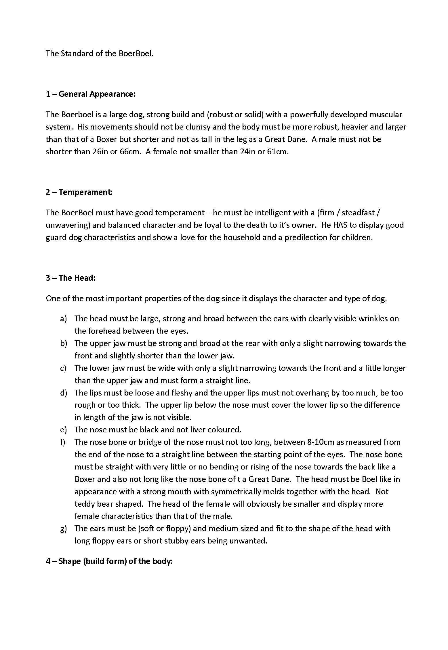 Page 1 of the contemporaneous English translation of the original Boerboel breed standard
