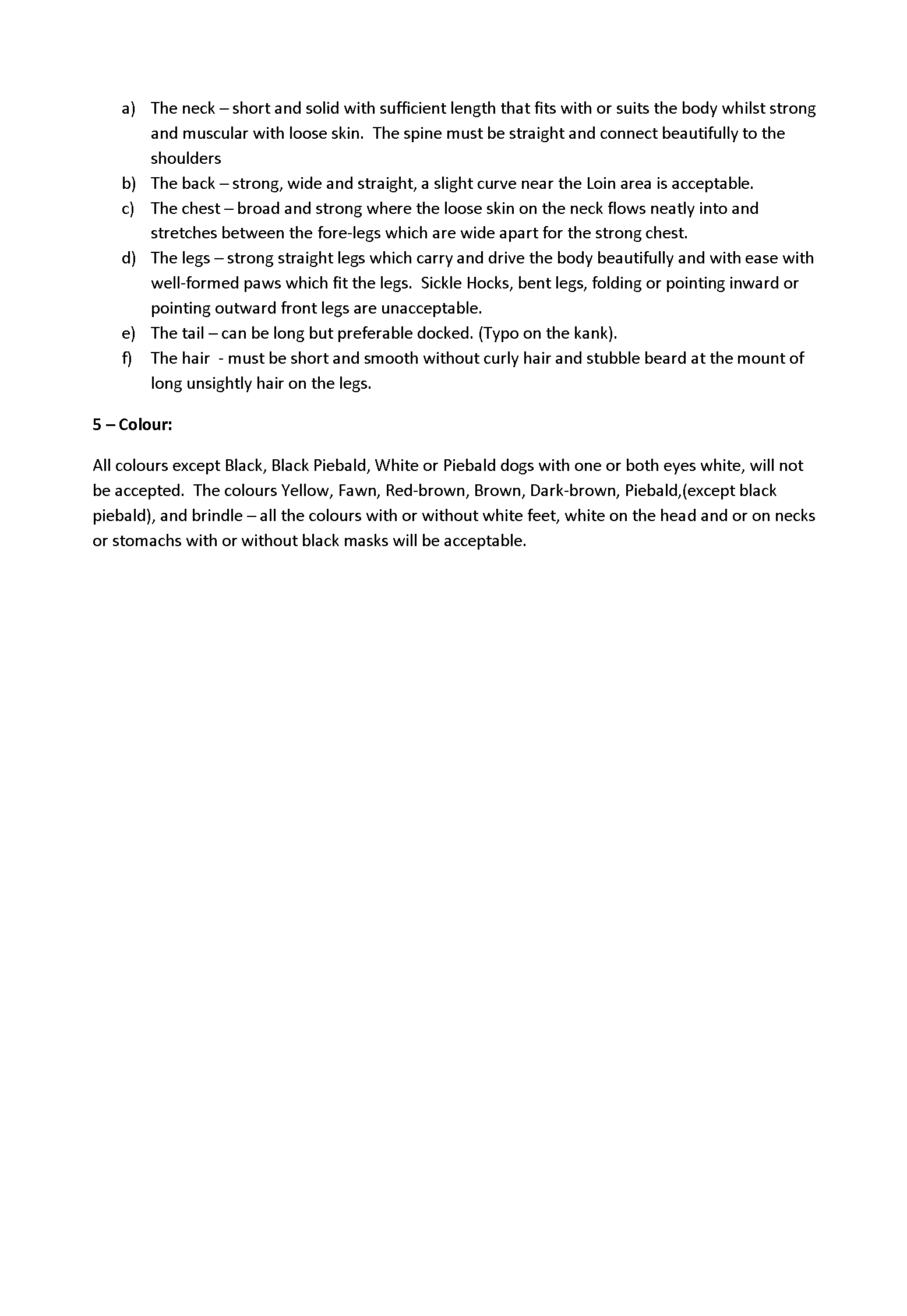 Page 2 of the English translation of the original Boerboel breed standard, listing acceptable and unacceptable colours