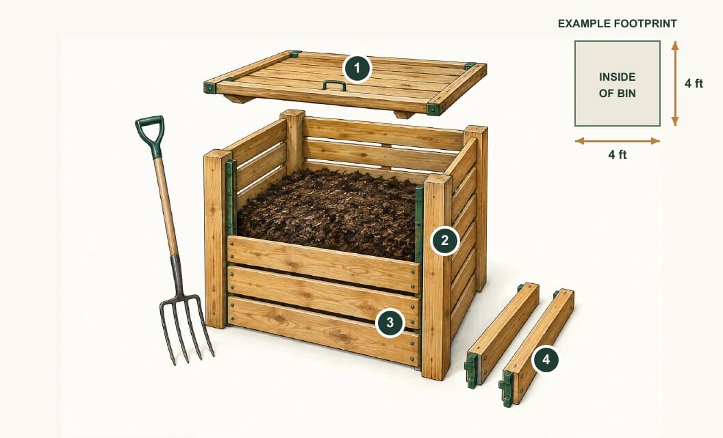 Example compost bin with a lifted rain cover, ventilated walls, removable front panels and a four-foot-square inside footprint.