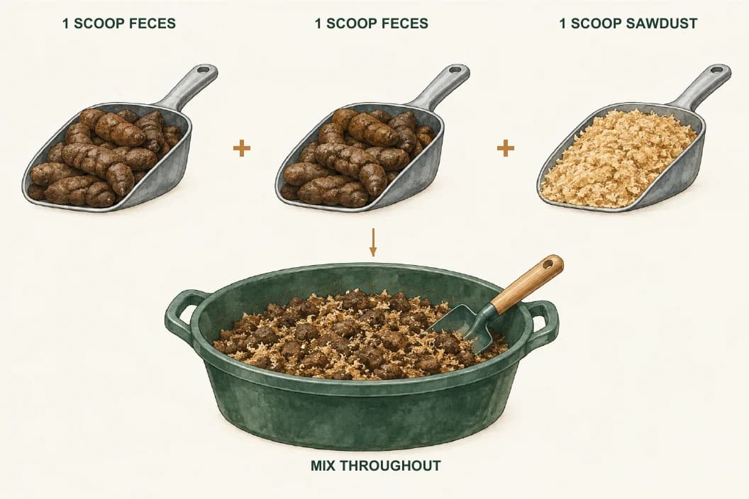 Two equal scoops of feces plus one equal scoop of sawdust, mixed throughout in a tub.