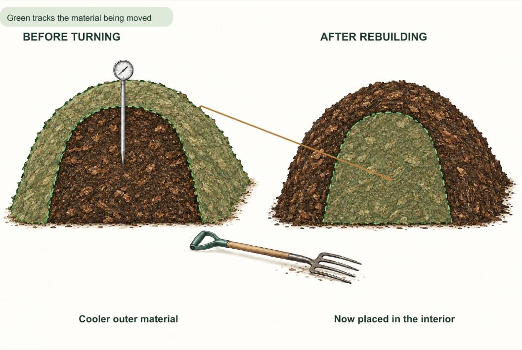 Before and after turning: green highlights cooler outer material moving into the interior of the rebuilt pile.