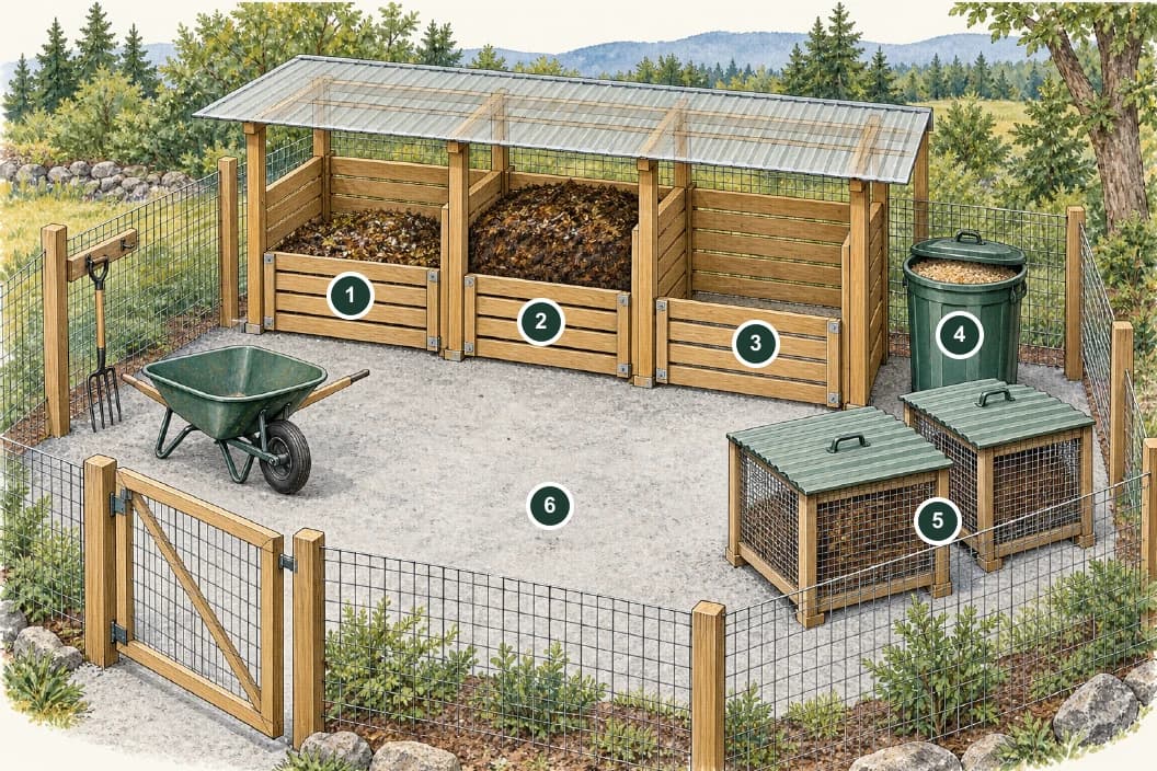Covered three-bay composting area: fresh batch at left, processing batch in the middle, empty turning bay at right, dry carbon at the far right, curing containers in front and a clear work aisle.