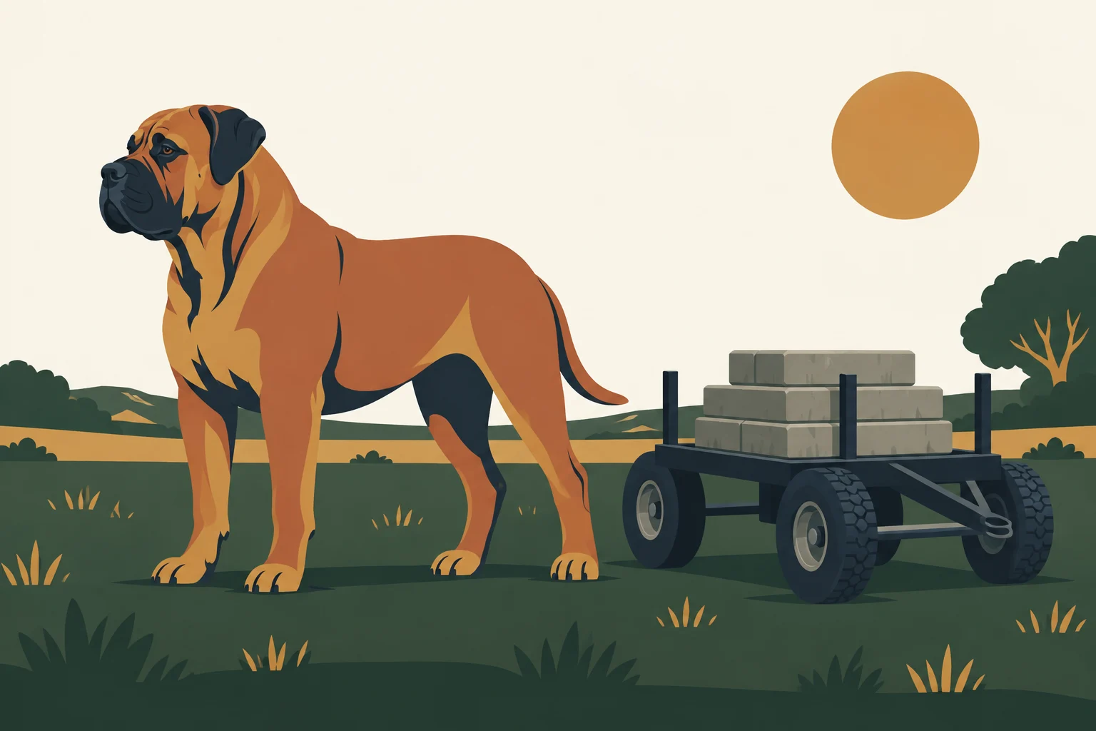Original flat illustration of a fawn Boerboel standing beside a cart loaded with concrete blocks.