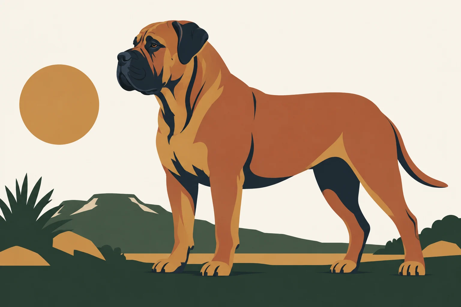 Original flat-color illustration of a fawn Boerboel against a simple landscape.