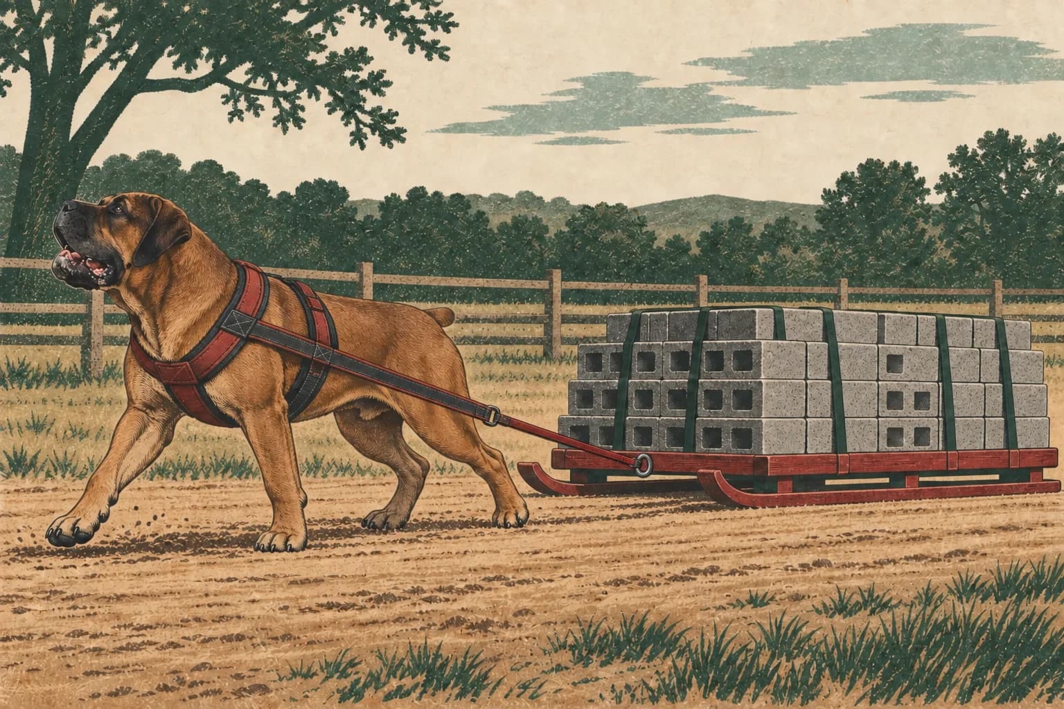 Original vintage illustration of a reddish-brown Boerboel resembling Peterbuilt Hakeem, wearing a weight-pull harness and pulling a large sled stacked with cinder blocks.
