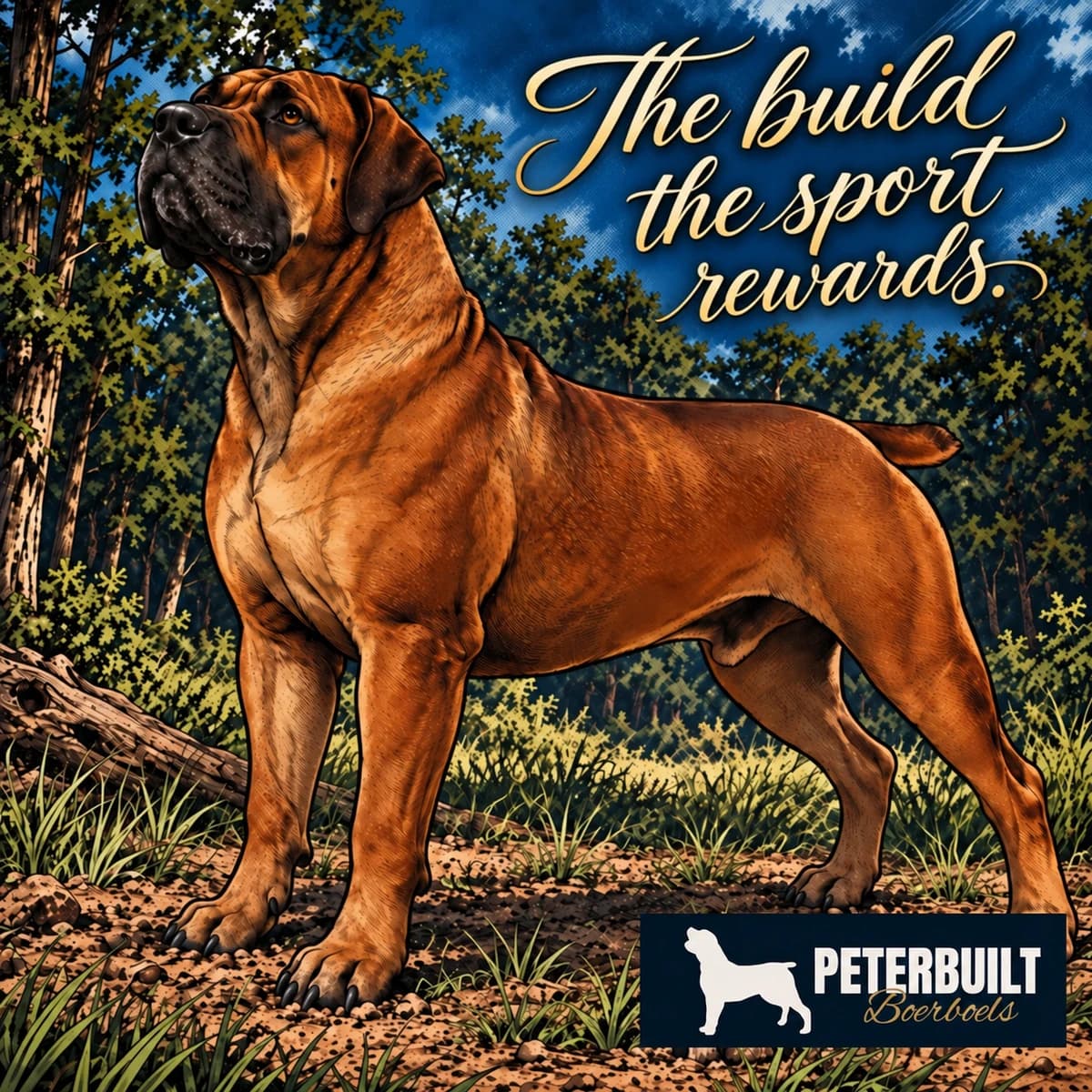 Comic illustration of Hakeem standing alert, with the Peterbuilt logo and the article excerpt in flowing script: The build the sport rewards.