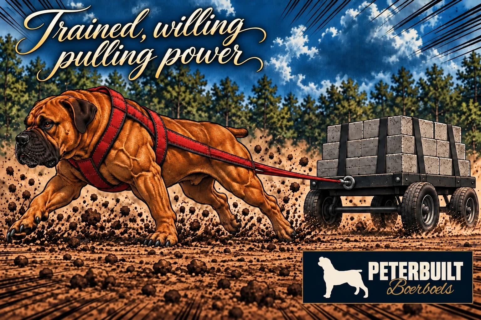 Side-view comic of a Boerboel pulling a loaded wheeled cart, with the Peterbuilt logo and the article excerpt: Trained, willing pulling power.