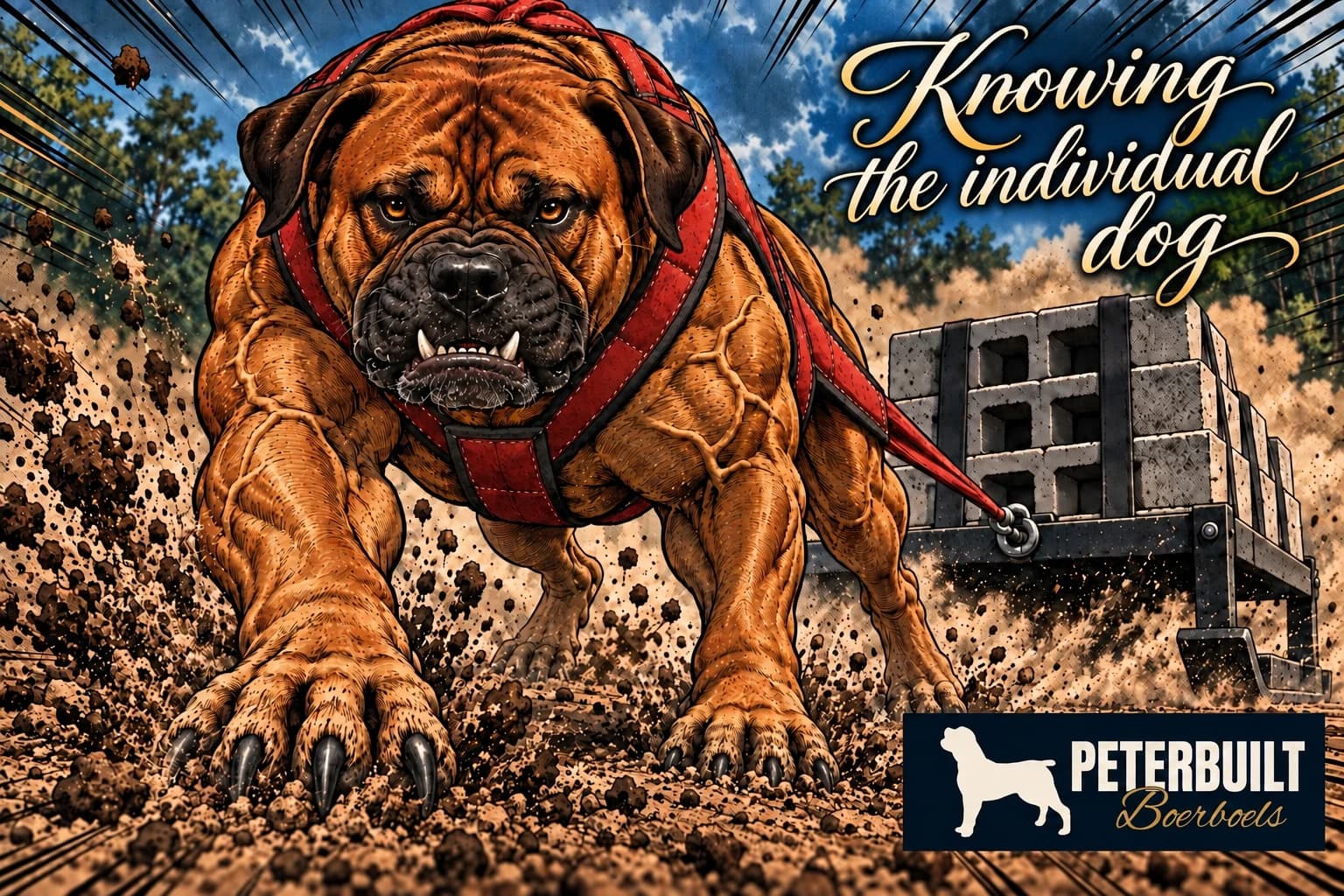 Comic illustration of Hakeem pulling a loaded sled toward the viewer with clenched teeth, the Peterbuilt logo and the article excerpt: Knowing the individual dog.