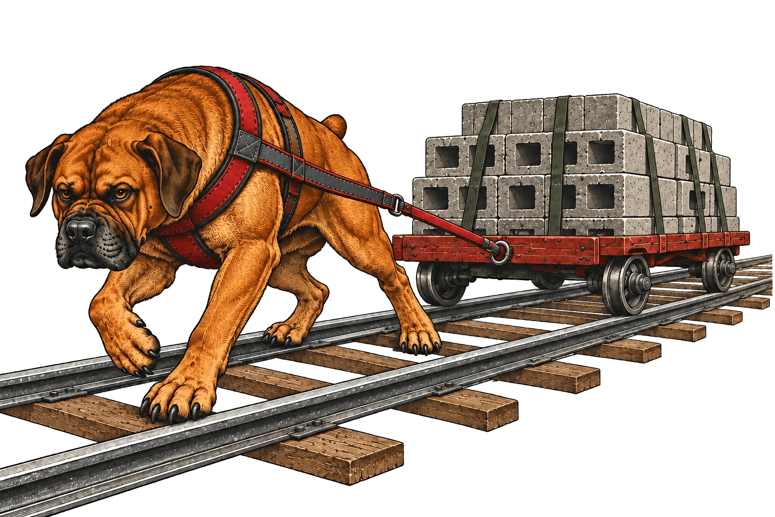 Cutout illustration of Hakeem straining forward in a red harness, with a focused brow and firmly closed mouth, pulling a loaded rail cart at an angle.