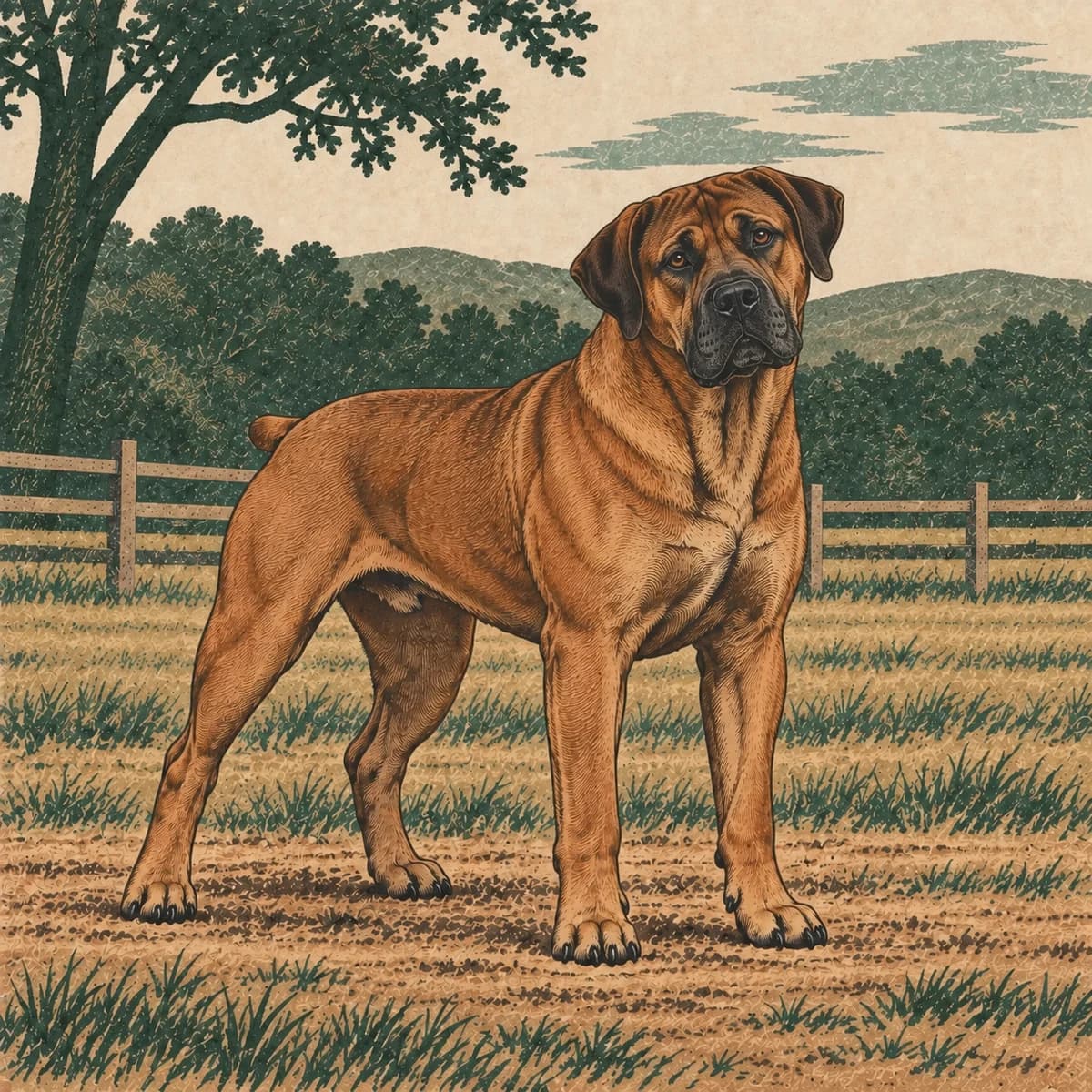Vintage sporting illustration of Hakeem standing in a grassy field, with his head turned toward the viewer, mouth closed and a slight curious head tilt.