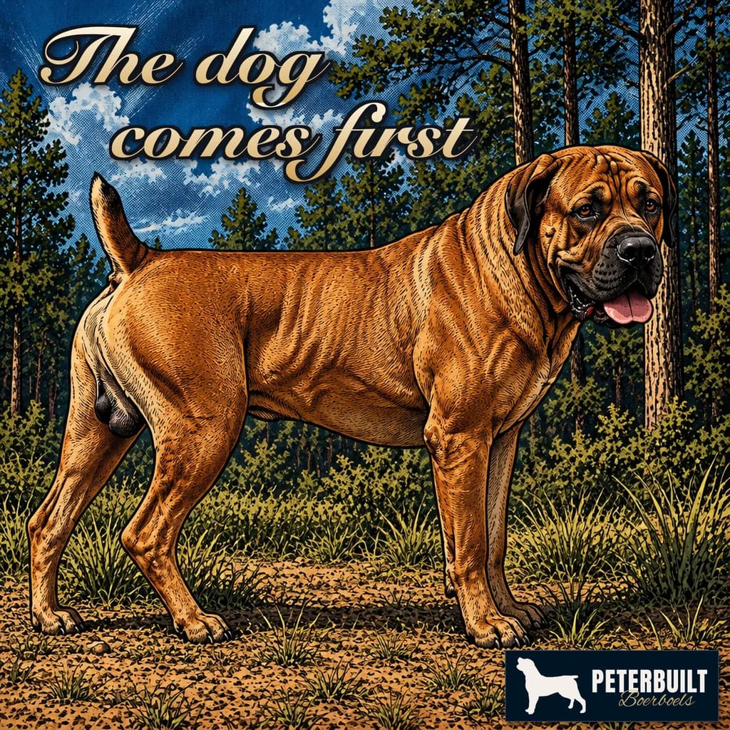 Comic illustration of Peterbuilt Hakeem standing side-on in a pine clearing with his head turned toward the viewer, with the Peterbuilt logo and the article chapter label in flowing script: The dog comes first.