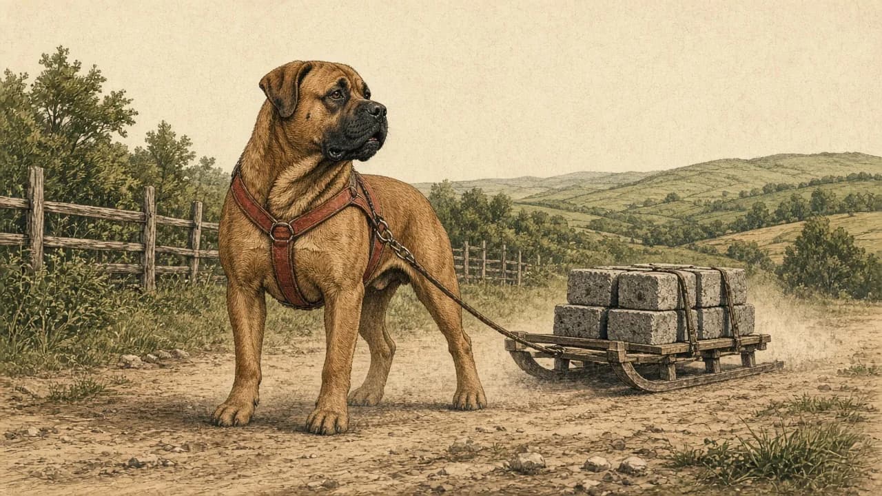 Original vintage illustration of a Boerboel standing after a weight pull, beside a sled stacked with cinder blocks on a rural dirt track.