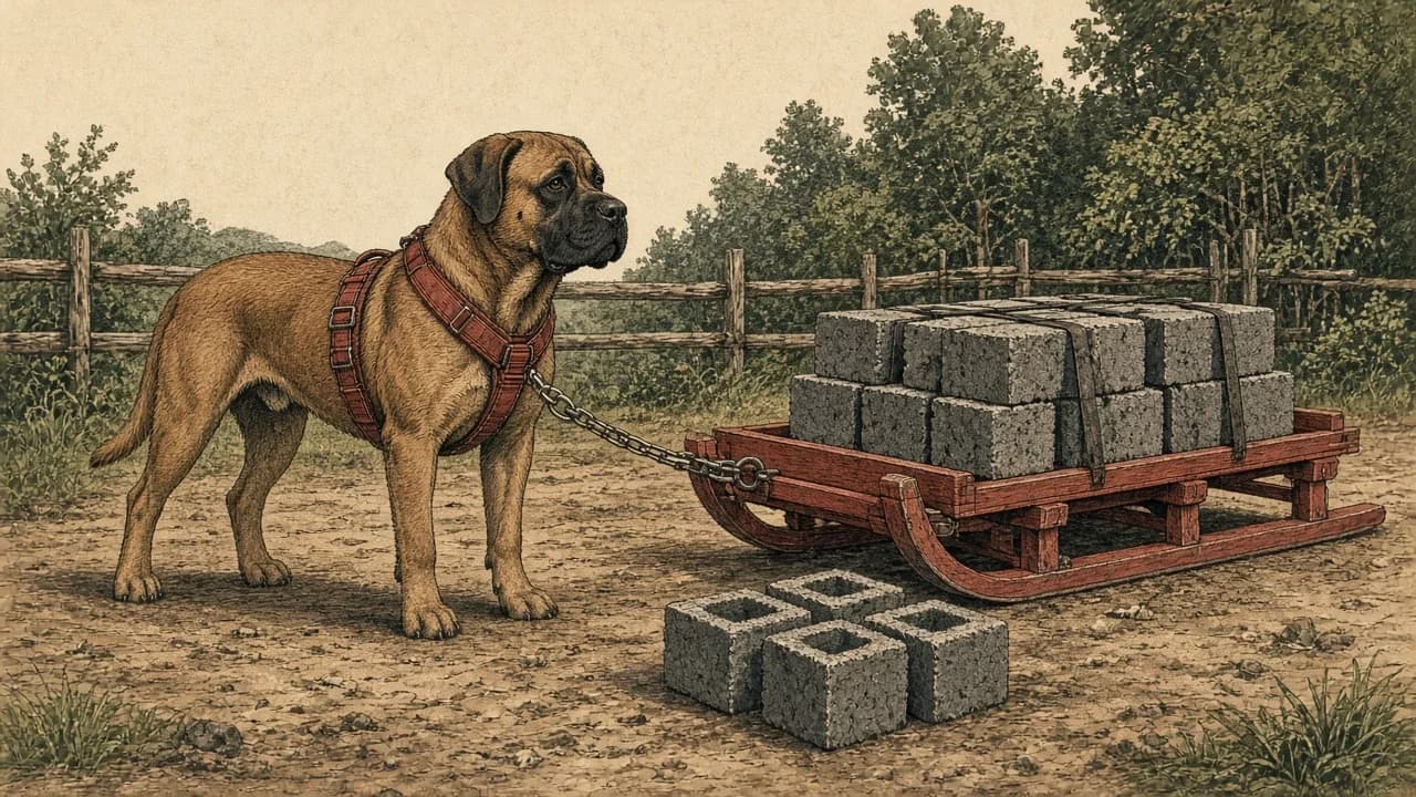 Original vintage illustration of a Boerboel in harness waiting between rounds beside a sled being loaded with cinder blocks on a rural field.