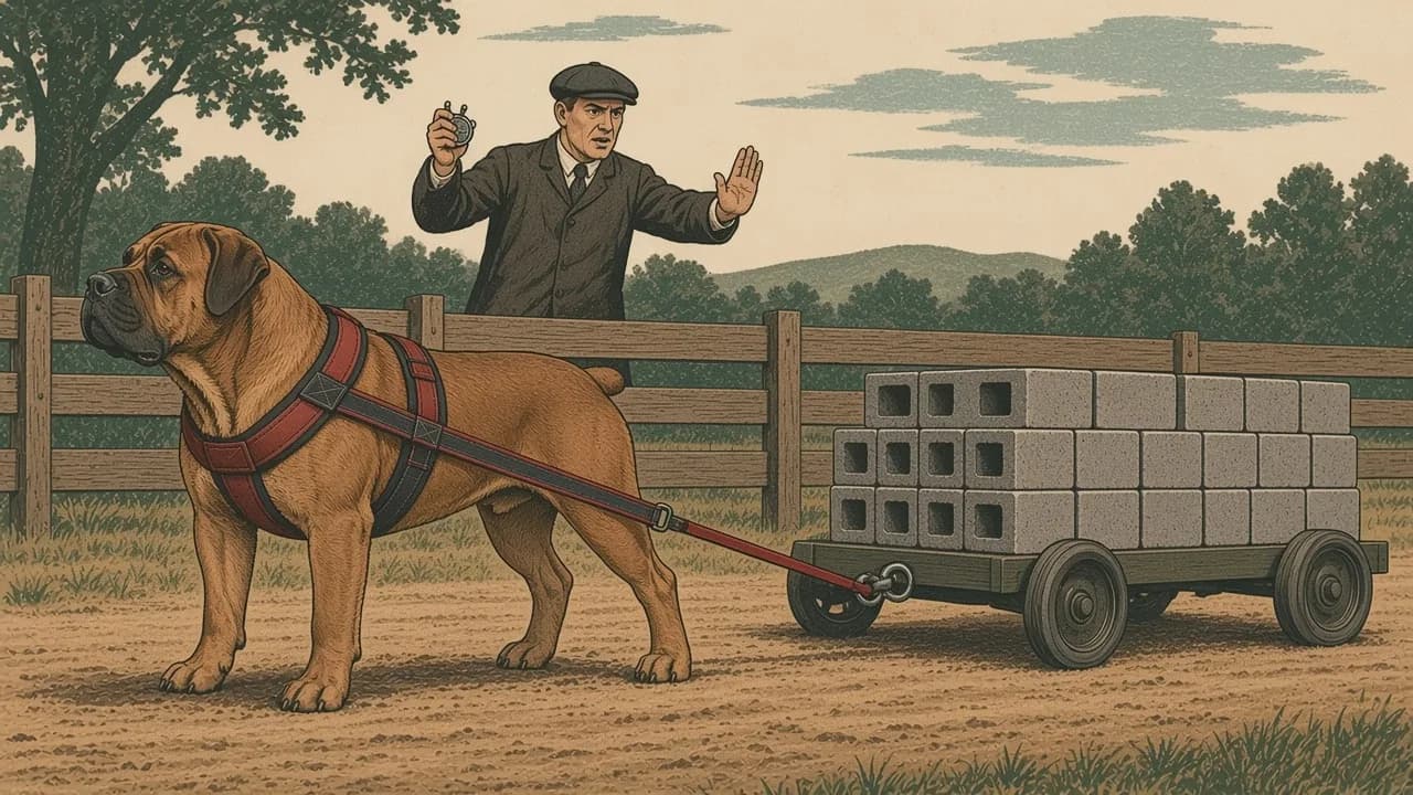 Original vintage illustration of a Boerboel standing calmly in a freight harness at the start line, hitched to a loaded cart, while a judge behind the chute barrier holds a stopwatch and raises a hand to halt the pull.