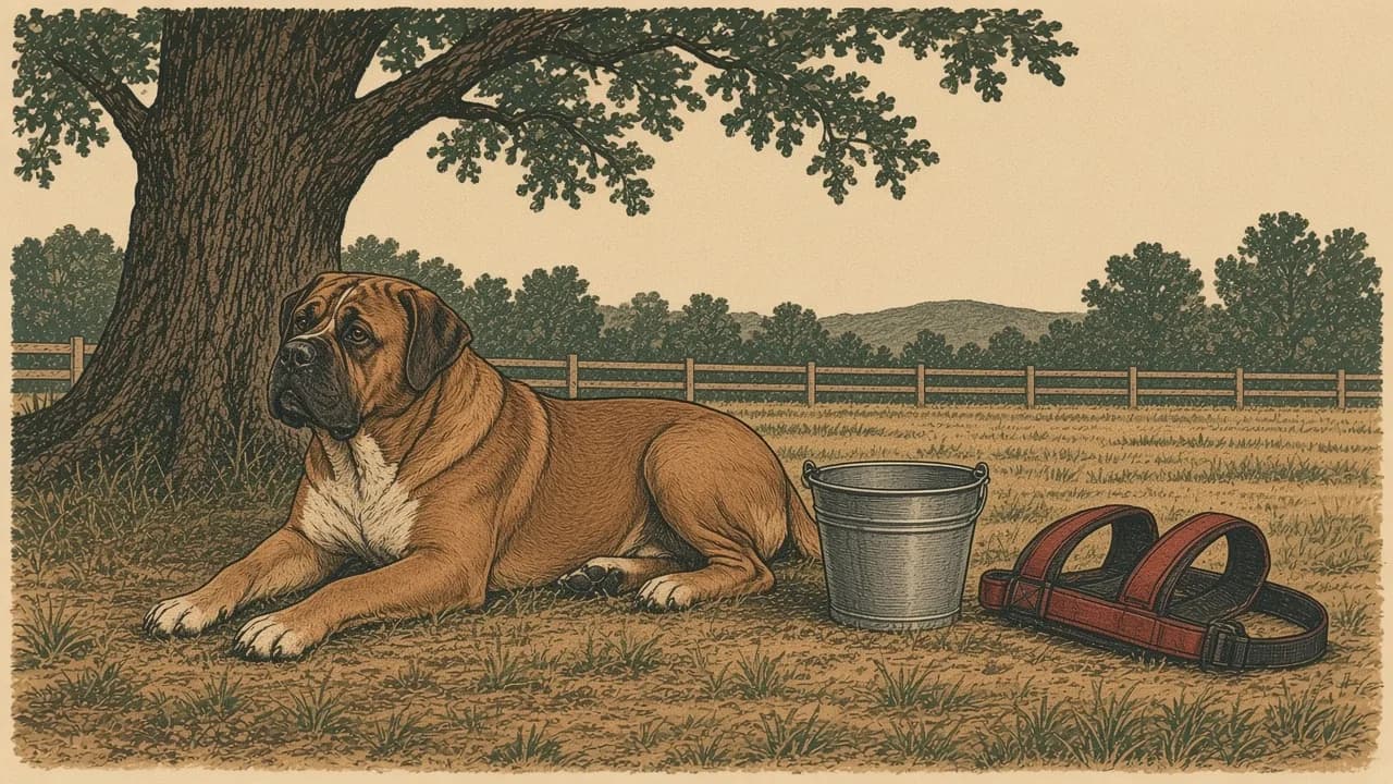 Original vintage illustration of a Boerboel resting in the shade of an oak beside a full water bucket, with its freight harness unbuckled and folded on the grass nearby.